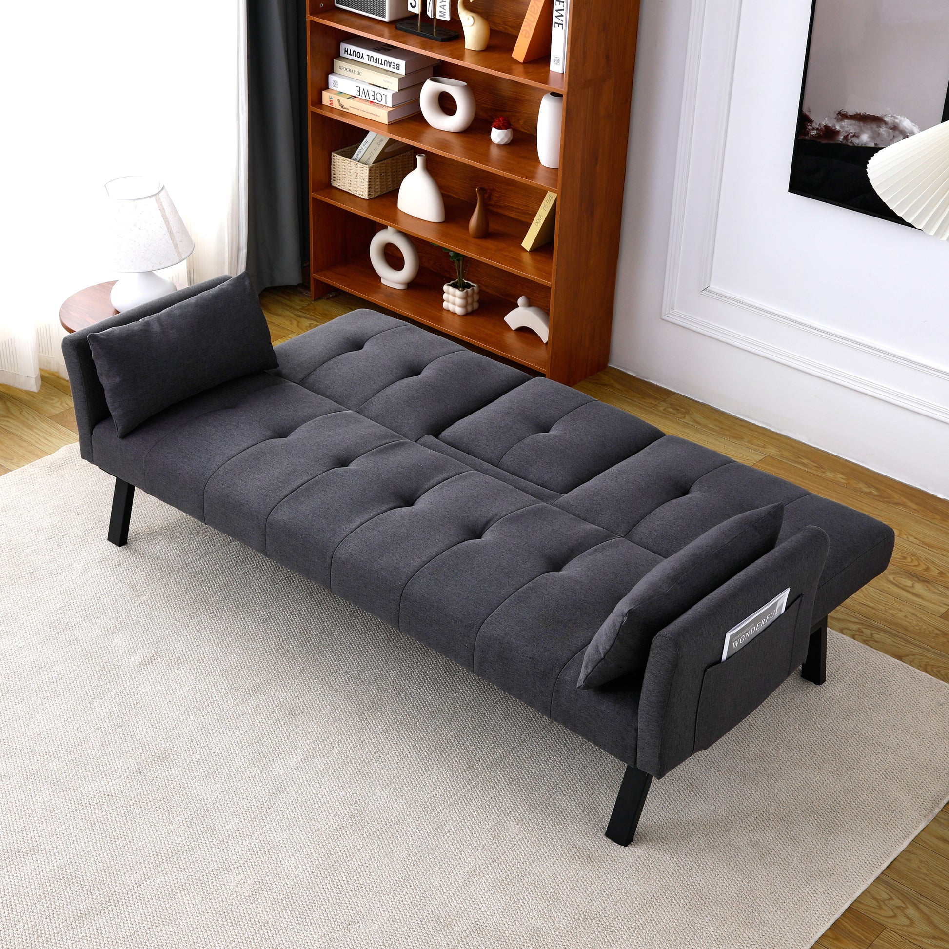 70-inch multi-functional cotton and linen sofa bed: foldable + cup holder + side storage, instantly switch between living room and bedroom image 4