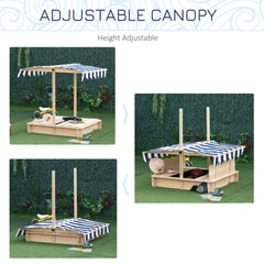 Outsunny Wooden Kids Sandbox with Cover, Children Outdoor Sand Box with Foldable Bench Seats, Adjustable Canopy, Bottom Liner for Outdoor, Natural