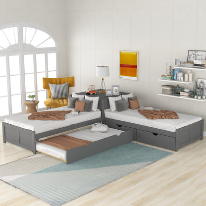 L-shaped Platform Bed with Trundle and Drawers Linked with built-in Desk,Twin,Gray(Old SKU:SM000916AAE-1) image 1