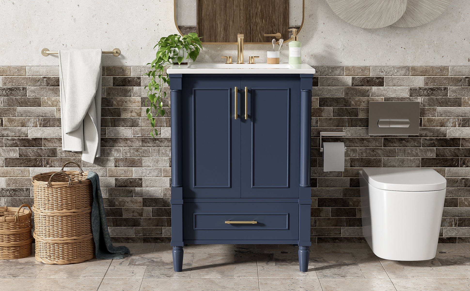 24" Modern Bathroom Vanity with Ornate Motif Design & Soft-Close Hinges, Bathroom Cabinet with Drawer and Back Open Structure, Ornately Carved French Cylinder Legs image 10