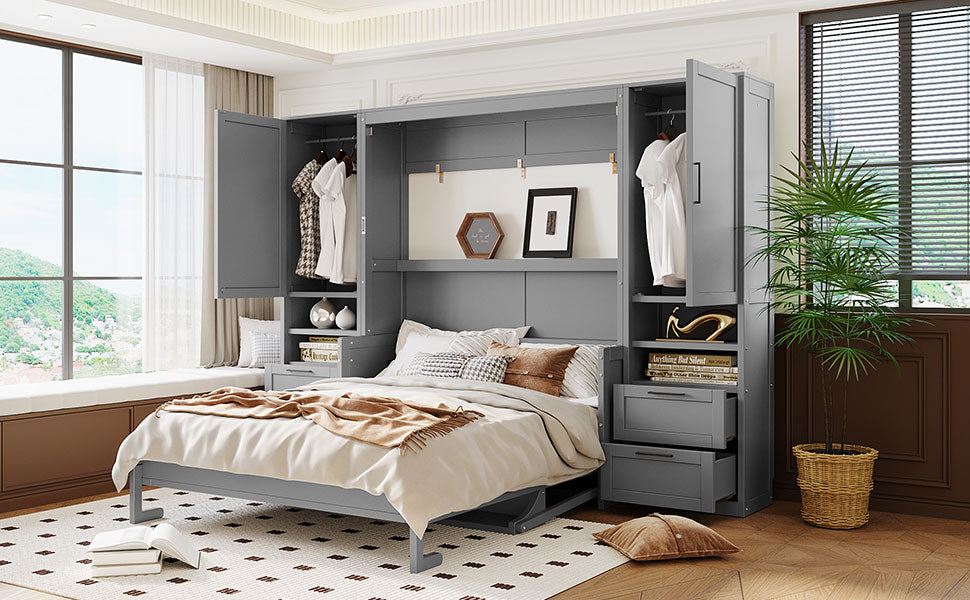 Queen Size Murphy Bed Wall Bed with Closet,Drawers and Shelves,Gray(OLD SKU:LP000909AAE-2) image 3