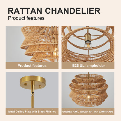 17.3" Rattan Pendant Light,Hand-Woven Rustic Wicker Hanging Light Seagrass Ceiling Chandelier,Water Plants Rattan Chandelier for Dining Living Bedroom Kitchen Farmhouse image 6