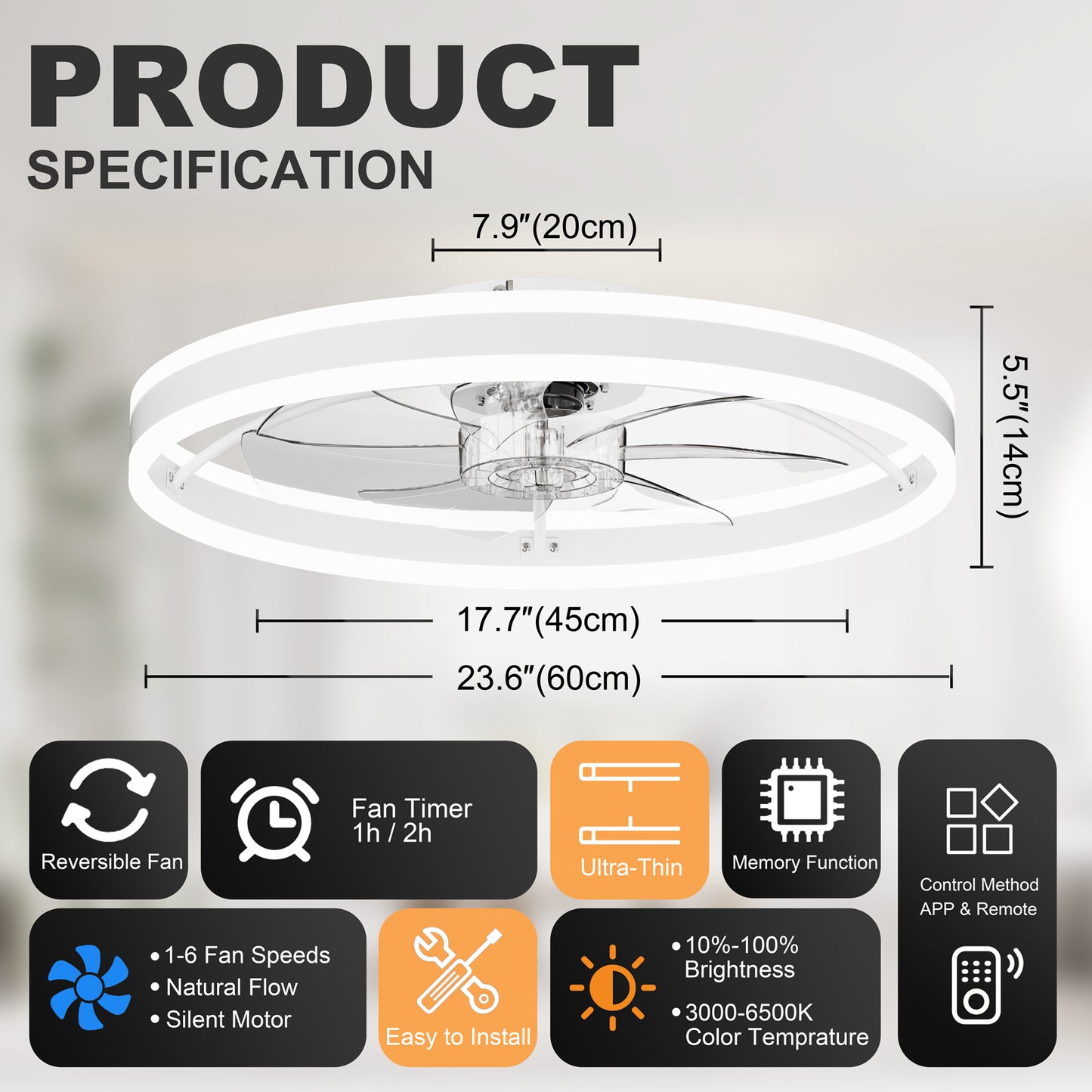 23.6 Inch Ceiling Fan with Light, Quiet DC Motor, Dimmable 3-Color Temperature 3000K-6500K, APP & Remote Control, With Timing image 8