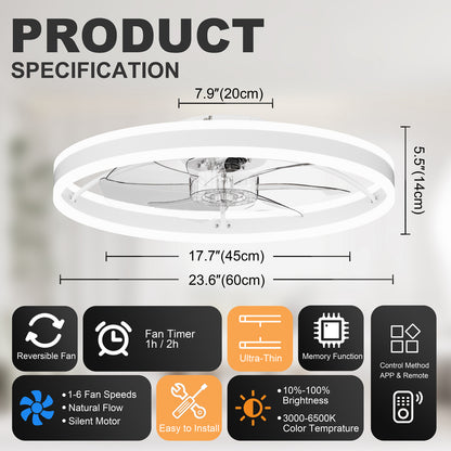 23.6 Inch Ceiling Fan with Light, Quiet DC Motor, Dimmable 3-Color Temperature 3000K-6500K, APP & Remote Control, With Timing image 8