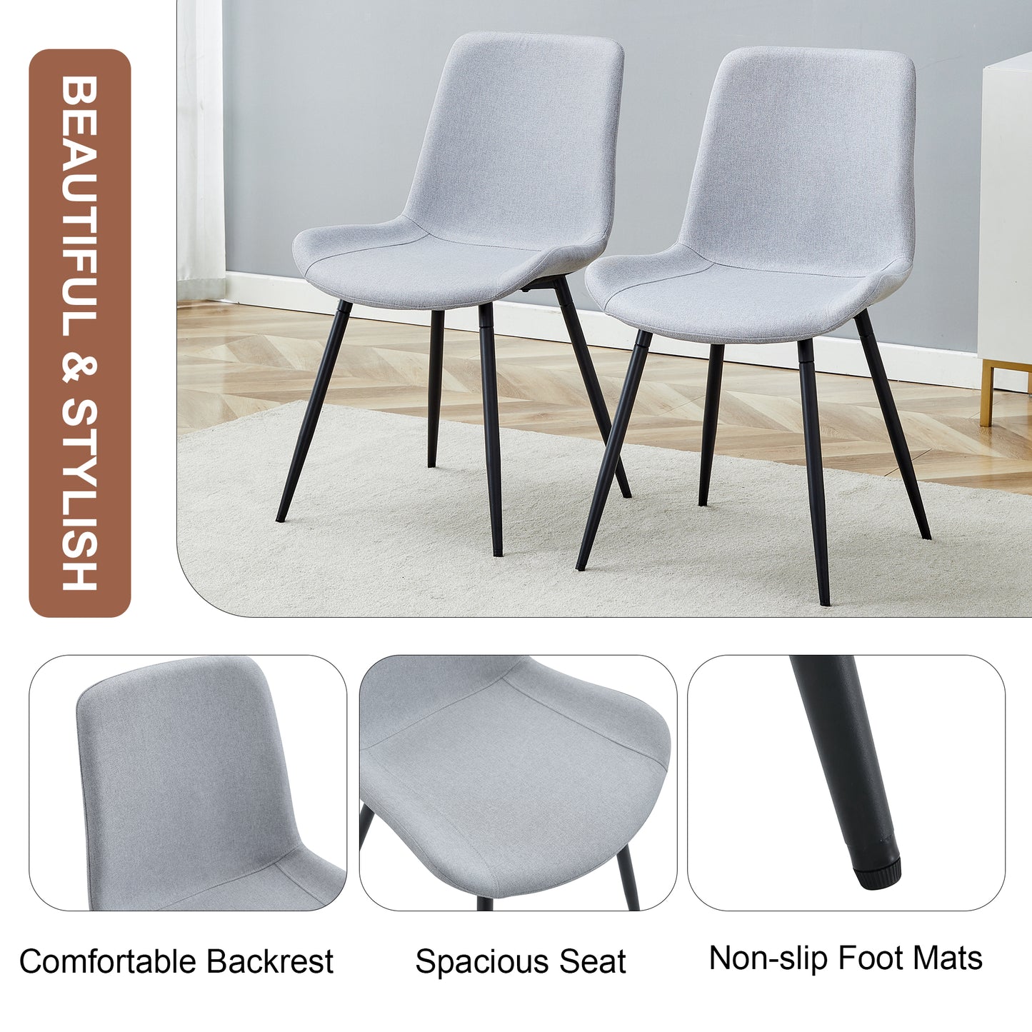 Comfortable Linen-Cotton Dining Chair Set - Six Pieces in Light Gray.Integrated Seat and Backrest,Linen-Cotton Material,Curved Widened Cushion Design For More Comfort. image 4