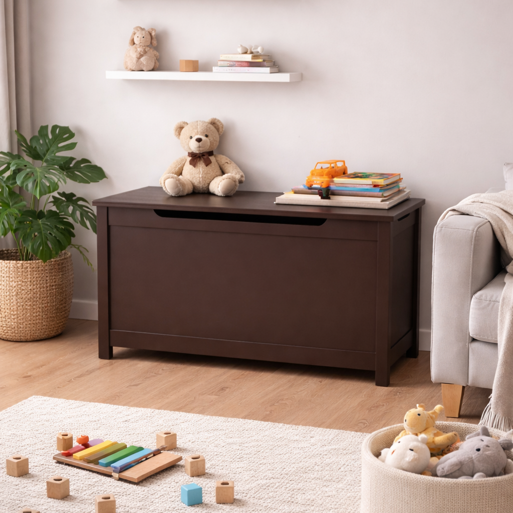 Kids Wooden Toy Box Storage with Safety Hinged Lid for Ages 2+ (Coffee) image 11