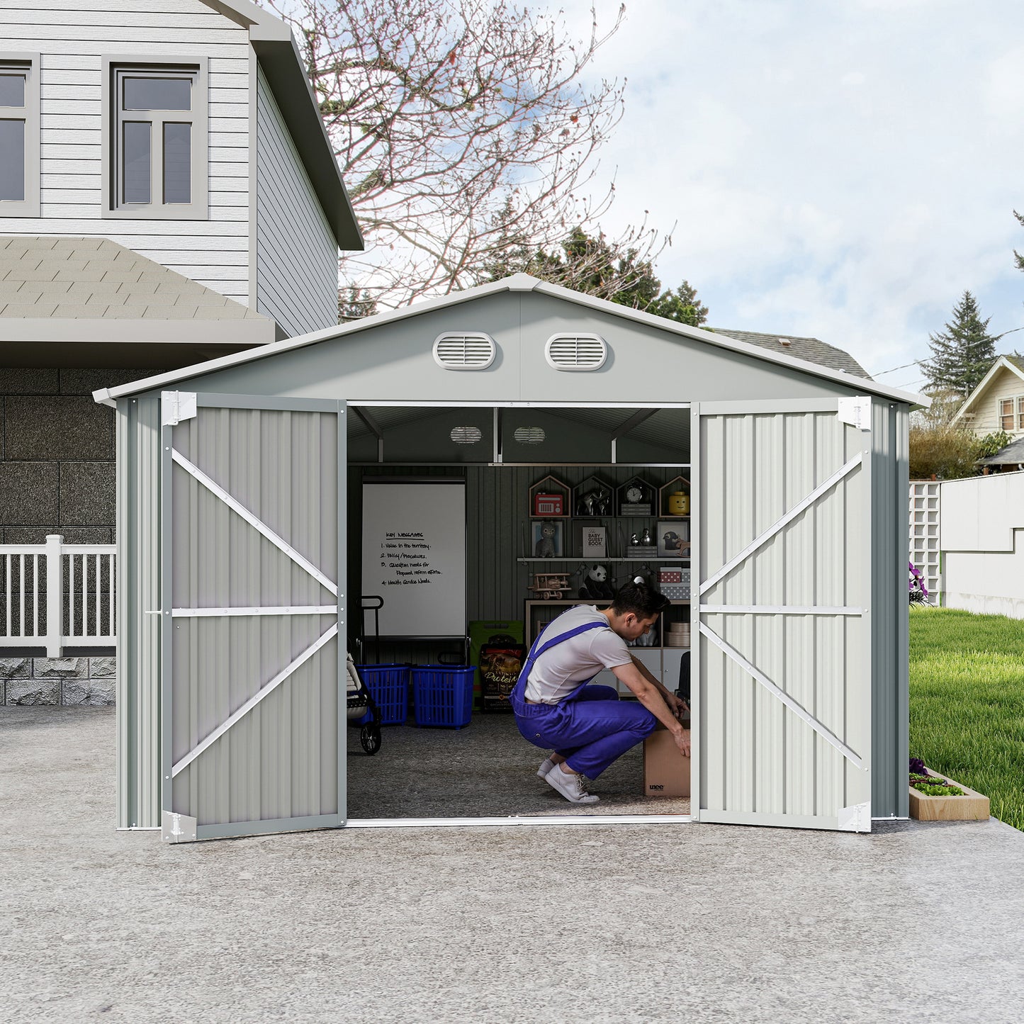 10x12 FT Outdoor Metal Storage Shed, Large Storage Sheds with Sturdy Frame Structure, Metal Garden Tool Shed with Lockable Door for Garden,Gift a foldable flower pot stand, Backyard, WHITE image 11