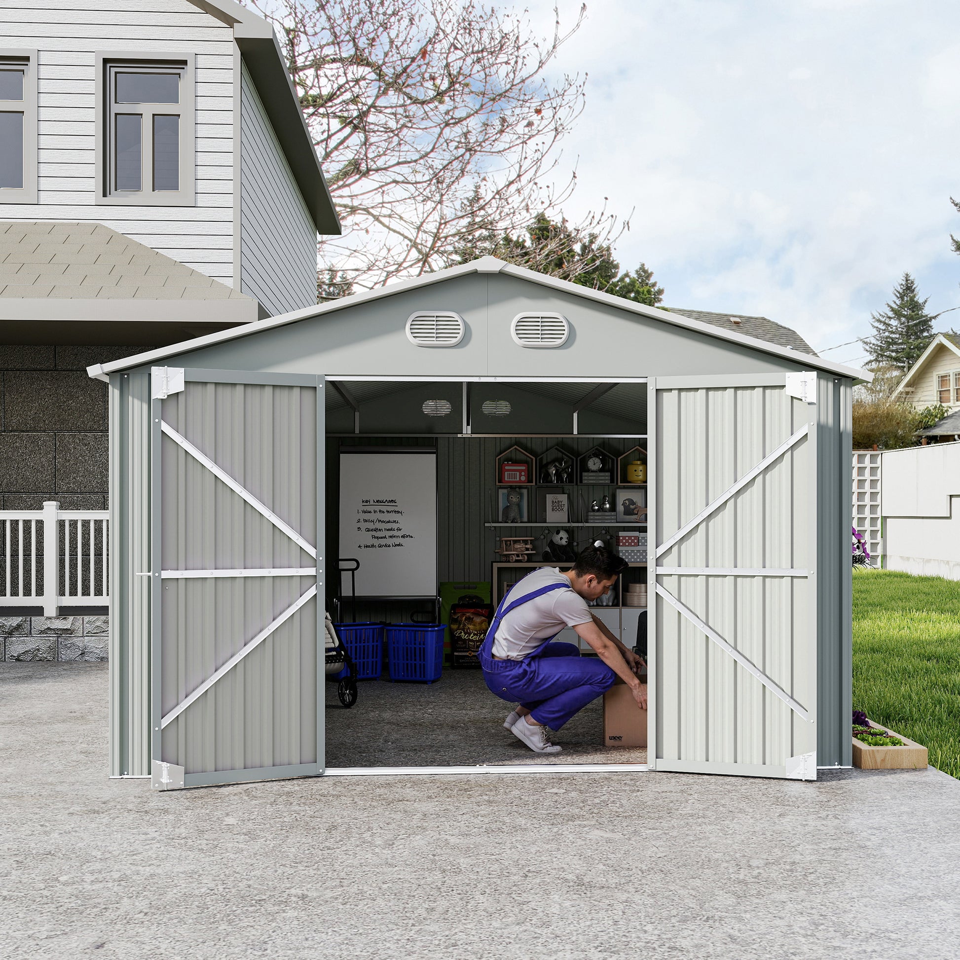 10x12 FT Outdoor Metal Storage Shed, Large Storage Sheds with Sturdy Frame Structure, Metal Garden Tool Shed with Lockable Door for Garden,Gift a foldable flower pot stand, Backyard, WHITE image 11