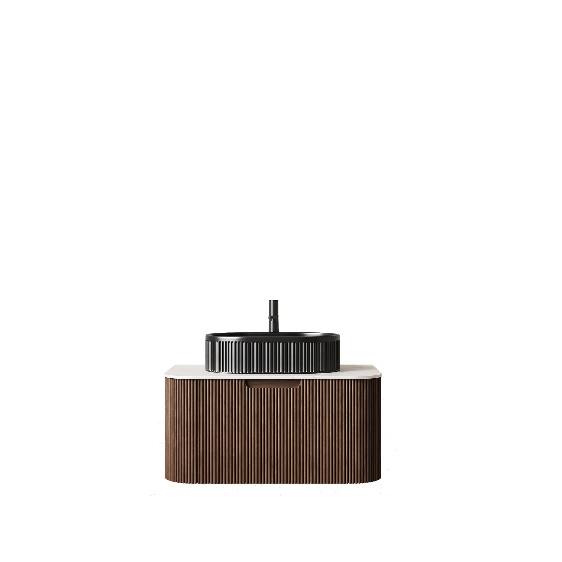 DINA 30" Bathroom Vanity with Sink, Modern Wall-Mounted Curved Edges Striped Bathroom Storage Cabinet with a Drawer, Black Ceramic Vessel Basin, NO Faucet, Pre-assembled, Dark Walnut Woodgrain Color image 3