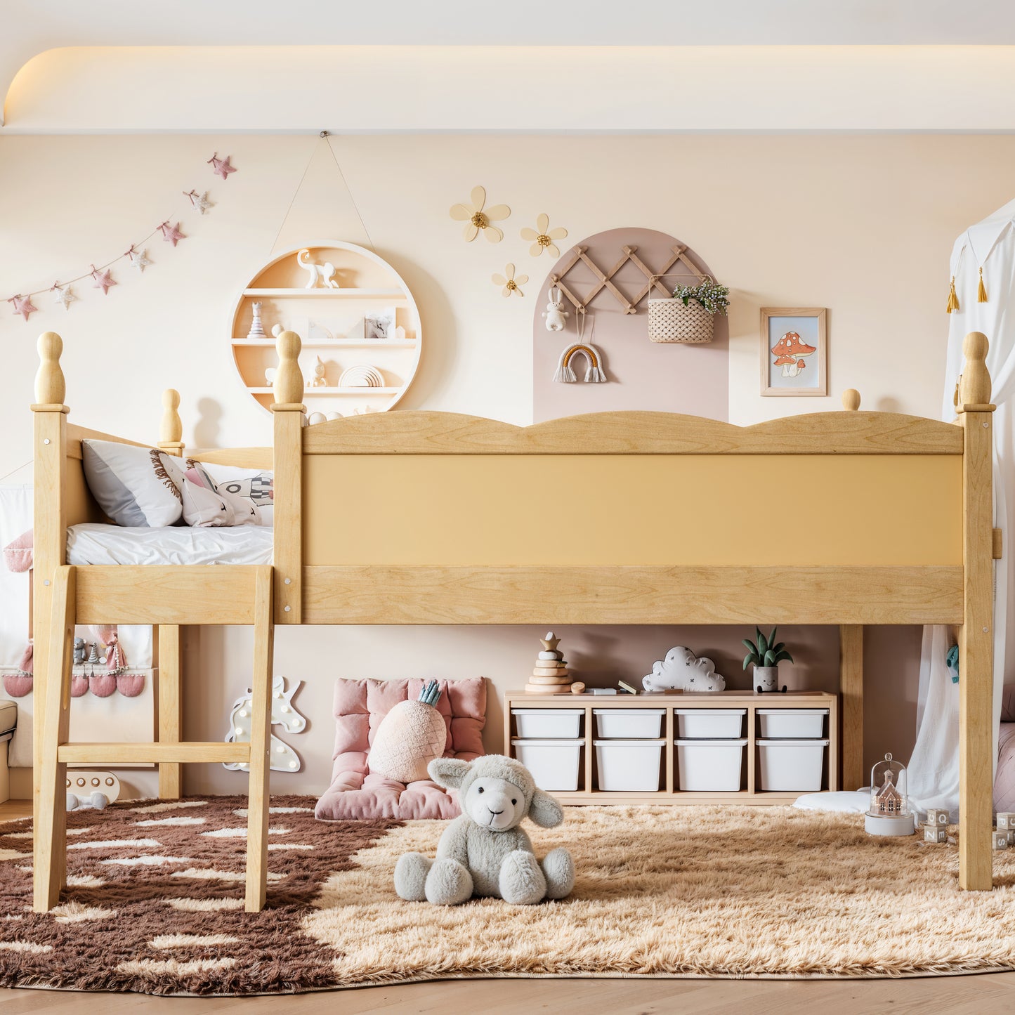 Full Size Loft Bed with Full-Length Guardrails, Solid Wood Low Loft Bed with Ladders and Beside Book Shelf, Chic Shape and Low Profile Design, Natural image 2
