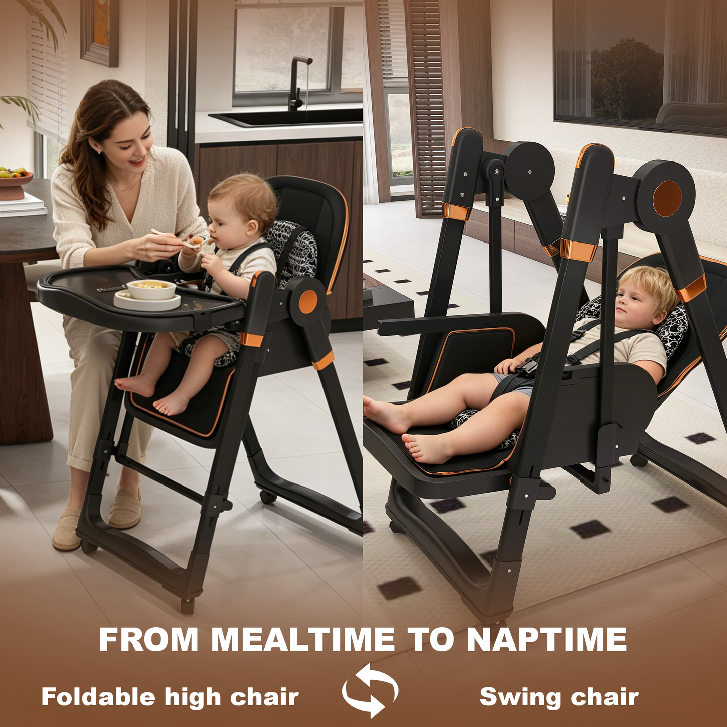 Convertible Baby High Chair to Rocker with 5-Point Harness, Foldable Infant Feeding Chair with Silent Locking Wheels & Removable 2-Tier Easy-Clean Tray for 6M-3Yrs(Black) image 6