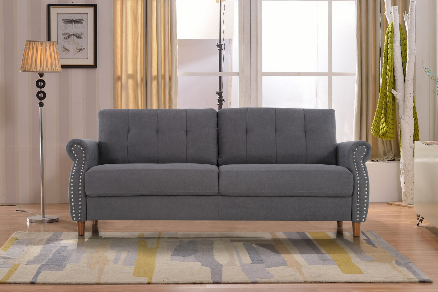 Transitional Button Tufted Loveseat Sofa, Rolled Arm with Nailhead Trim Polyester Fabric 3-Seater Couch, Solid Pine Frame Round Rubber Legs for Living Room, Multi Colors Option image 7