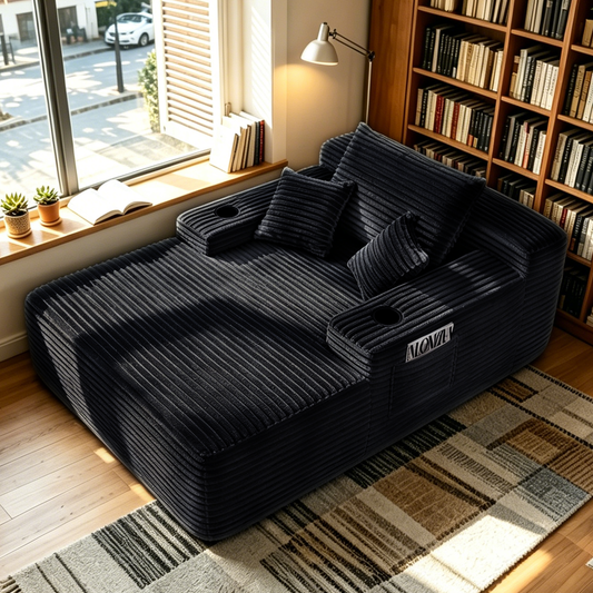 Convertible Chaise Lounge Chair Plush with Wide Armrest & Throw Pillows, Cozy Boneless Sleeper Sofa Bed Armchair, with cup holder,for Living Room, Bedroom, No Assembly Required,Black image 1