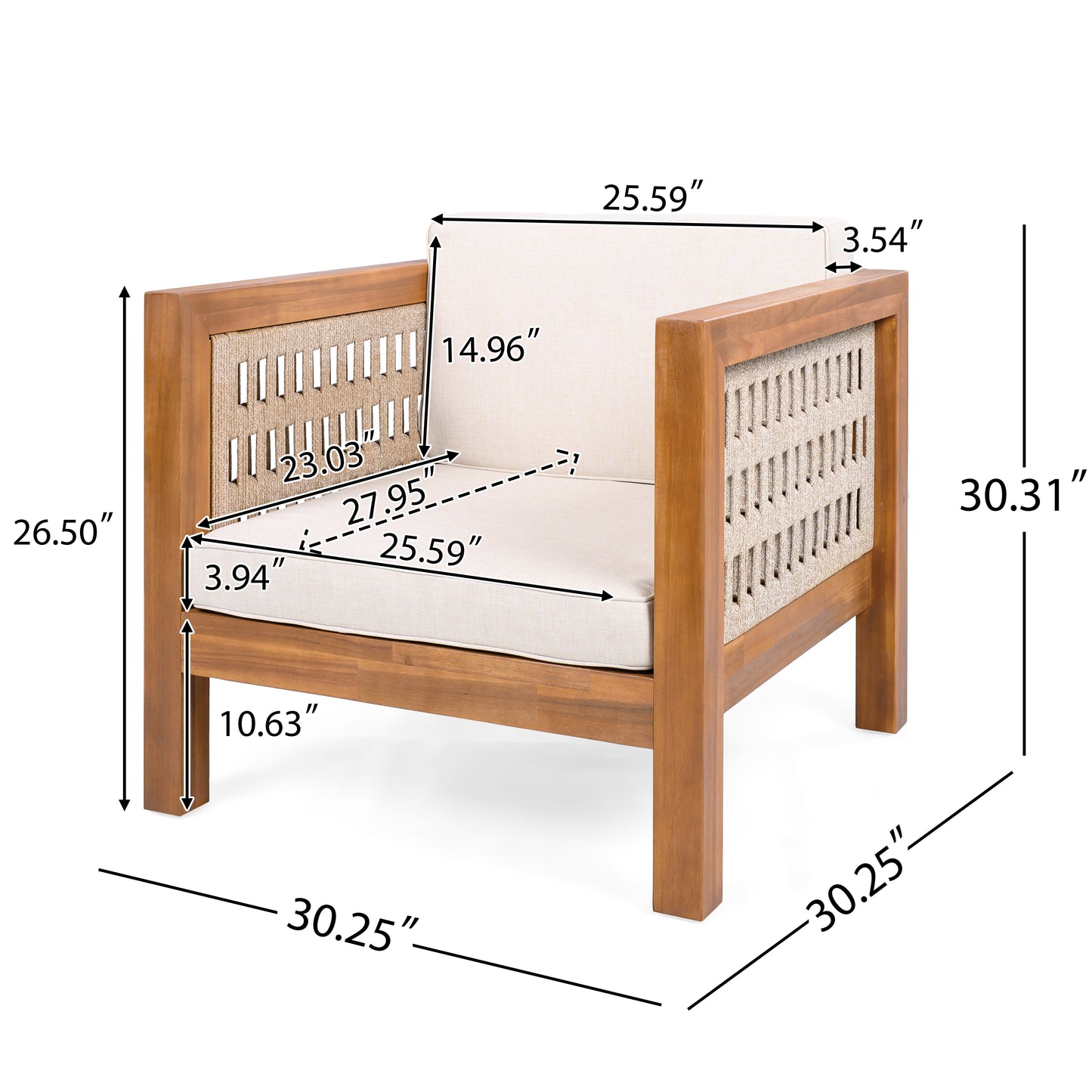 Acacia Wood Outdoor Club Chair with Beige Rope Arm and Beige Cushions,400 lbs Capacity image 9
