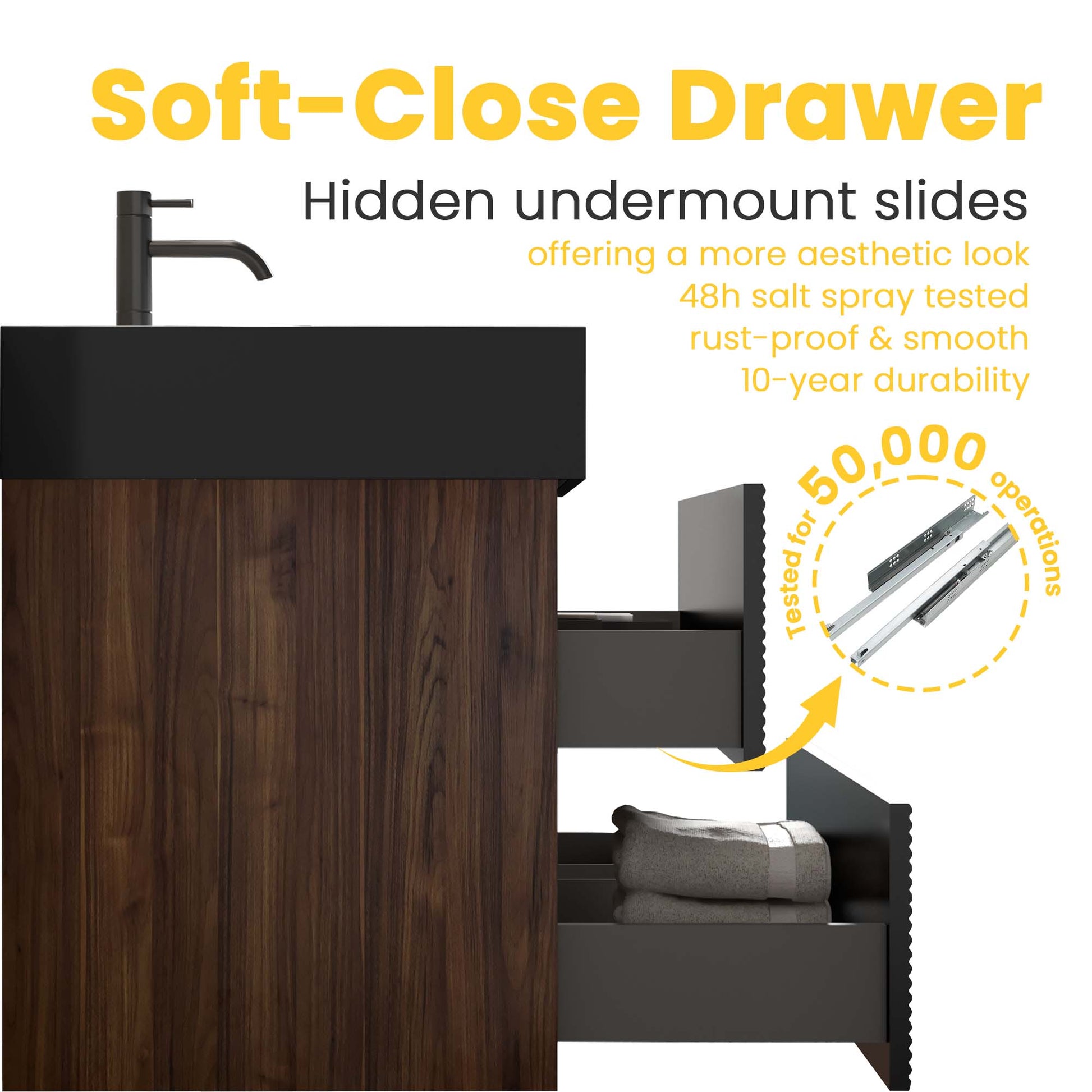 Grace 36" Walnut Bathroom Vanity with Matt Black Engineered Quartz Sink and Soft Black Drawers, Wall Mounted Floating Bathroom Vanity for Modern Bathroom, without drainage and faucet, KD image 5