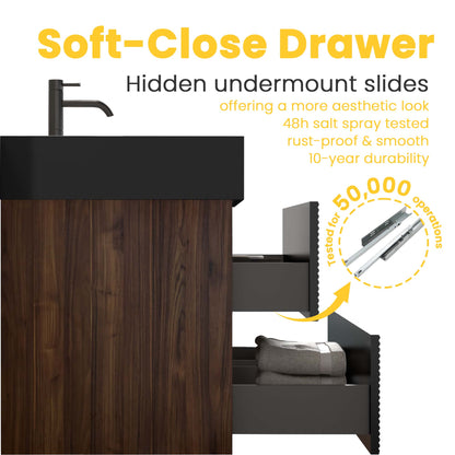 Grace 36" Walnut Bathroom Vanity with Matt Black Engineered Quartz Sink and Soft Black Drawers, Wall Mounted Floating Bathroom Vanity for Modern Bathroom, without drainage and faucet, KD image 5