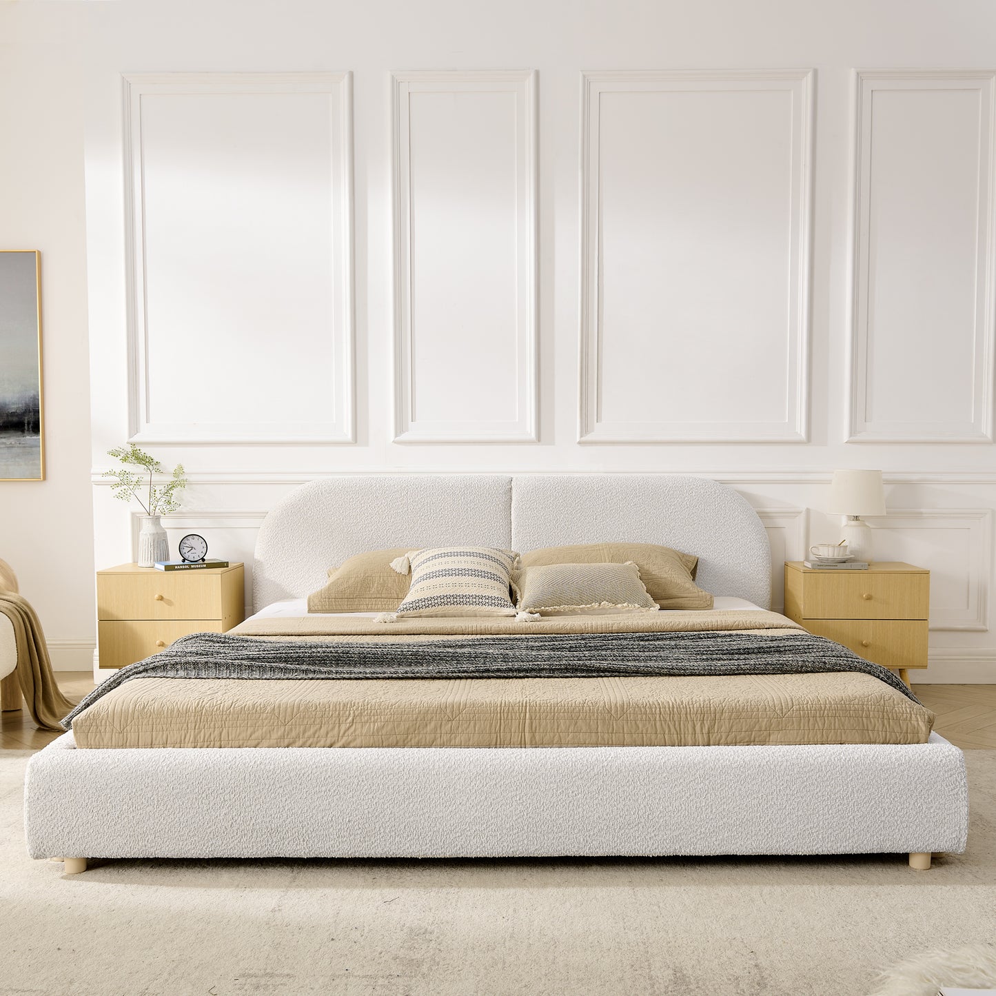 King Size Upholstered Bed Frame, Modern Minimalist Style with Tall Curved Headboard, Premium Circle Yarn Fabric & Sturdy Leg Support, Mattress Not Included-Beige image 3