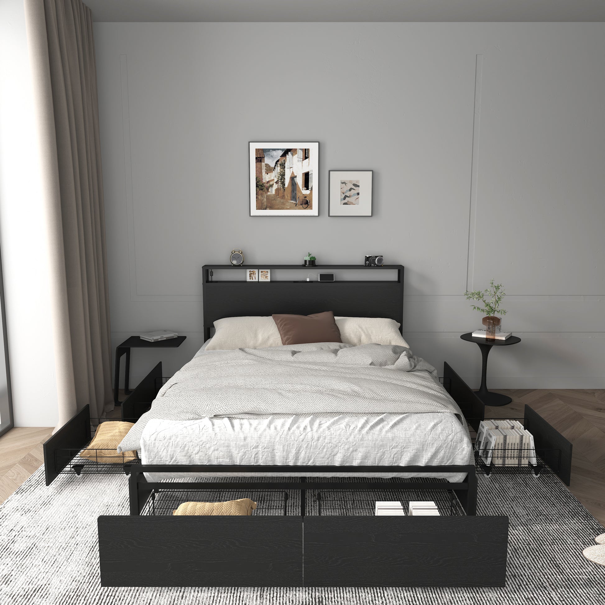 Full Bed Frame, Storage Headboard with Charging Station, Solid and Stable, Noise Free, No Box Spring Needed, Easy Assembly image 1