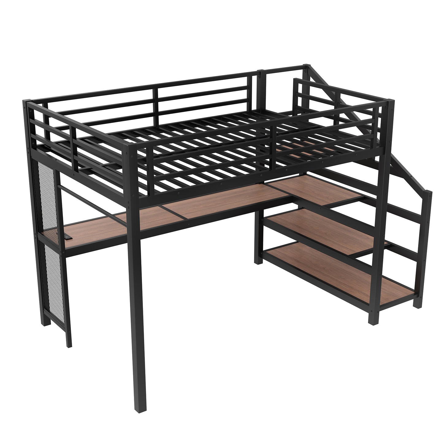 Full Loft Bed with Desk and Storage Stairs, Metal Loft Beds with LED Lights, USB Ports, Multifunctional Iron Nets, No Spring Box Needed and Noise-free, Black image 12
