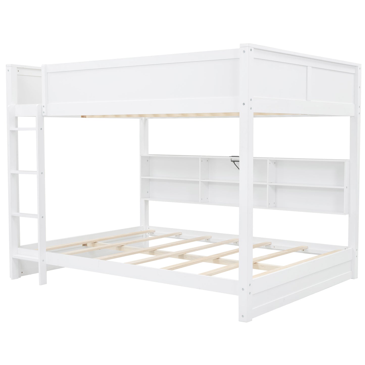 Queen over Queen Bunk Bed with Storage Cabinets and USB Ports, White image 12