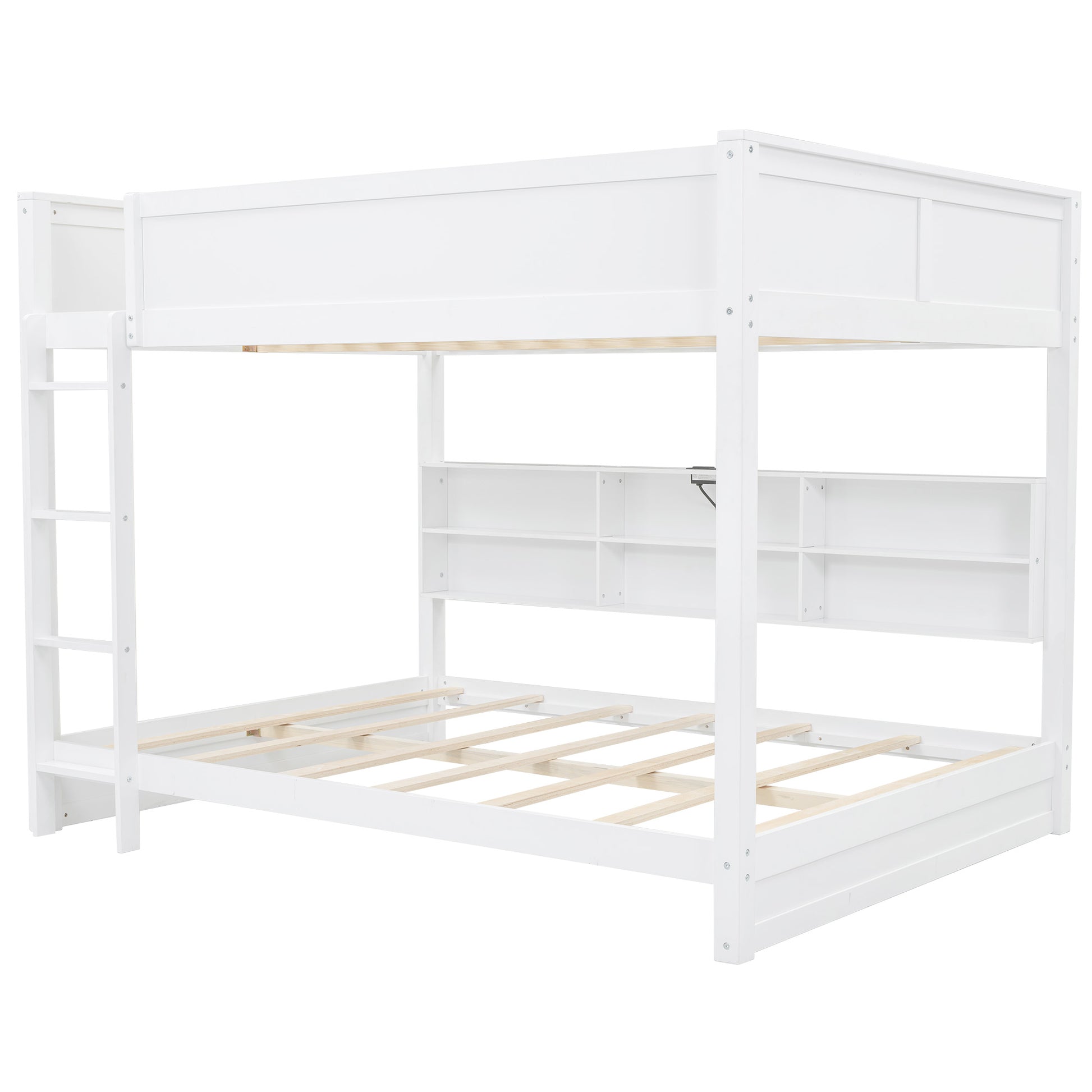 Queen over Queen Bunk Bed with Storage Cabinets and USB Ports, White image 12