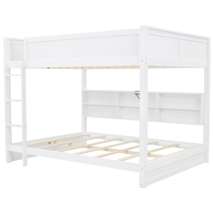 Queen over Queen Bunk Bed with Storage Cabinets and USB Ports, White image 12