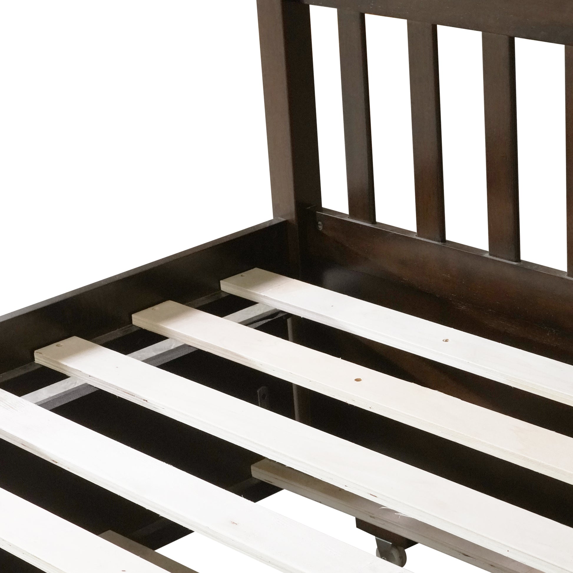 Full Over Full Rubber Wood Bunk Bed with Trundle, Ladder and Guardrails, Convertible to 2 Full Size Beds, with Twin Size Trundle,Espresso image 10
