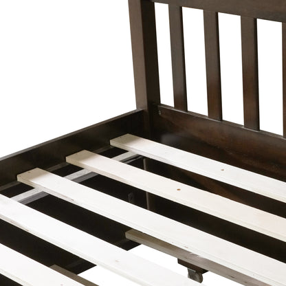 Full Over Full Rubber Wood Bunk Bed with Trundle, Ladder and Guardrails, Convertible to 2 Full Size Beds, with Twin Size Trundle,Espresso image 10