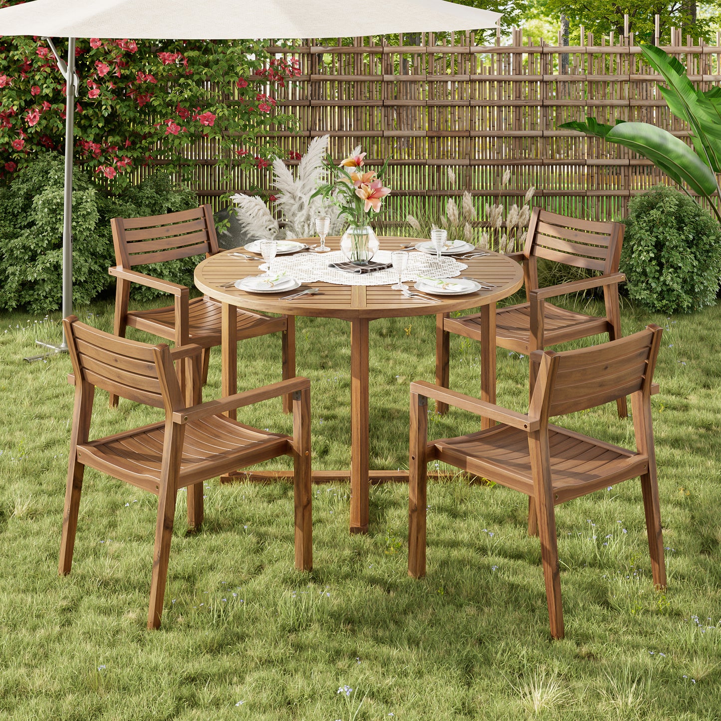 U_STYLE 5-Piece Outdoor Dining Set with 4 Acacia Wood Chairs,47.2" Round Dining Table with Slatted Design, Ideal for Patios, Gardens, Poolsides, and Lawn Areas & Indoor image 2