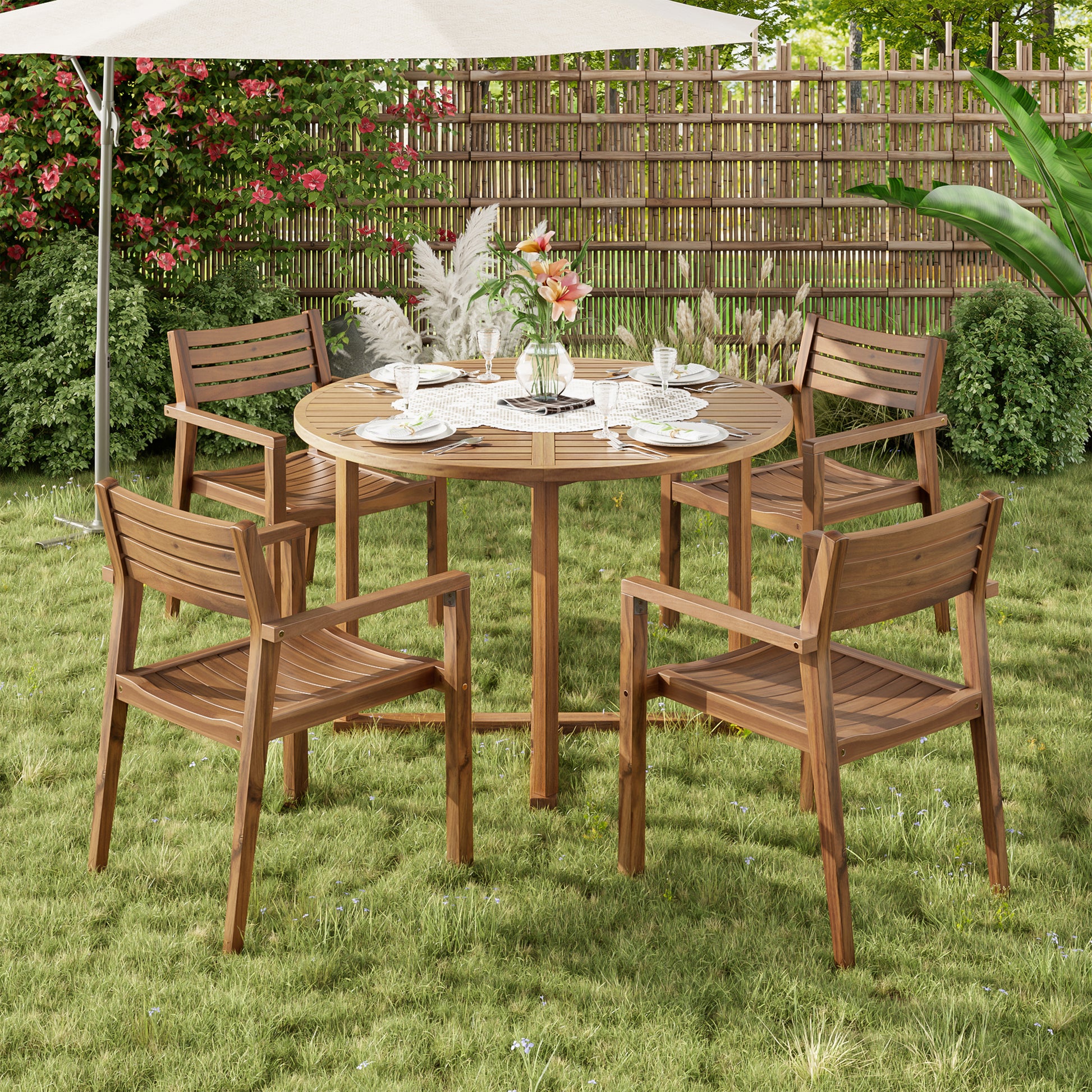 U_STYLE 5-Piece Outdoor Dining Set with 4 Acacia Wood Chairs,47.2" Round Dining Table with Slatted Design, Ideal for Patios, Gardens, Poolsides, and Lawn Areas & Indoor image 2