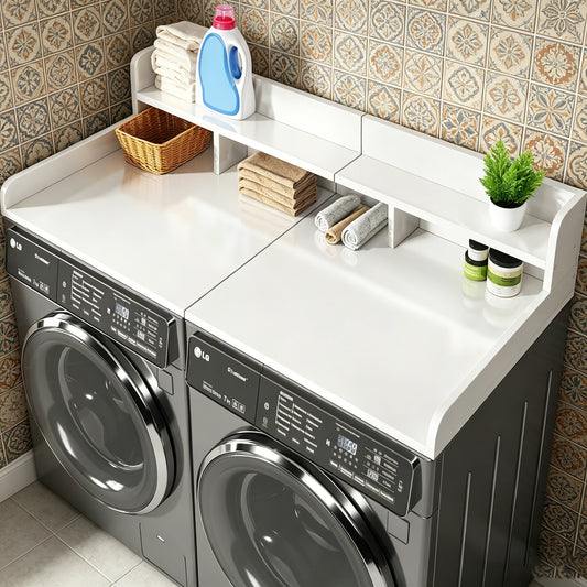 (58" Width x 28" Depth) Washer Dryer Countertop with Non-slip Pads, Laundry Wood Shelf Topper with Edge, Double Layer Organizer for Washer and Dryer Laundry Hamper Counter Storage Organization (WHITE) image 1
