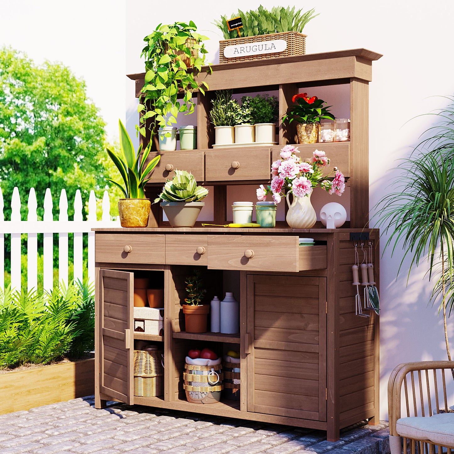 [Assembly Video Provided] TOPMAX 65.7'' H Tall Garden Potting Bench Table with Hutch,Patio Storage Workstation with 3 Shelves,6 Drawers,2 Bottom Cabinets&Side Hooks for Mudroom,Doorway, Brown image 1