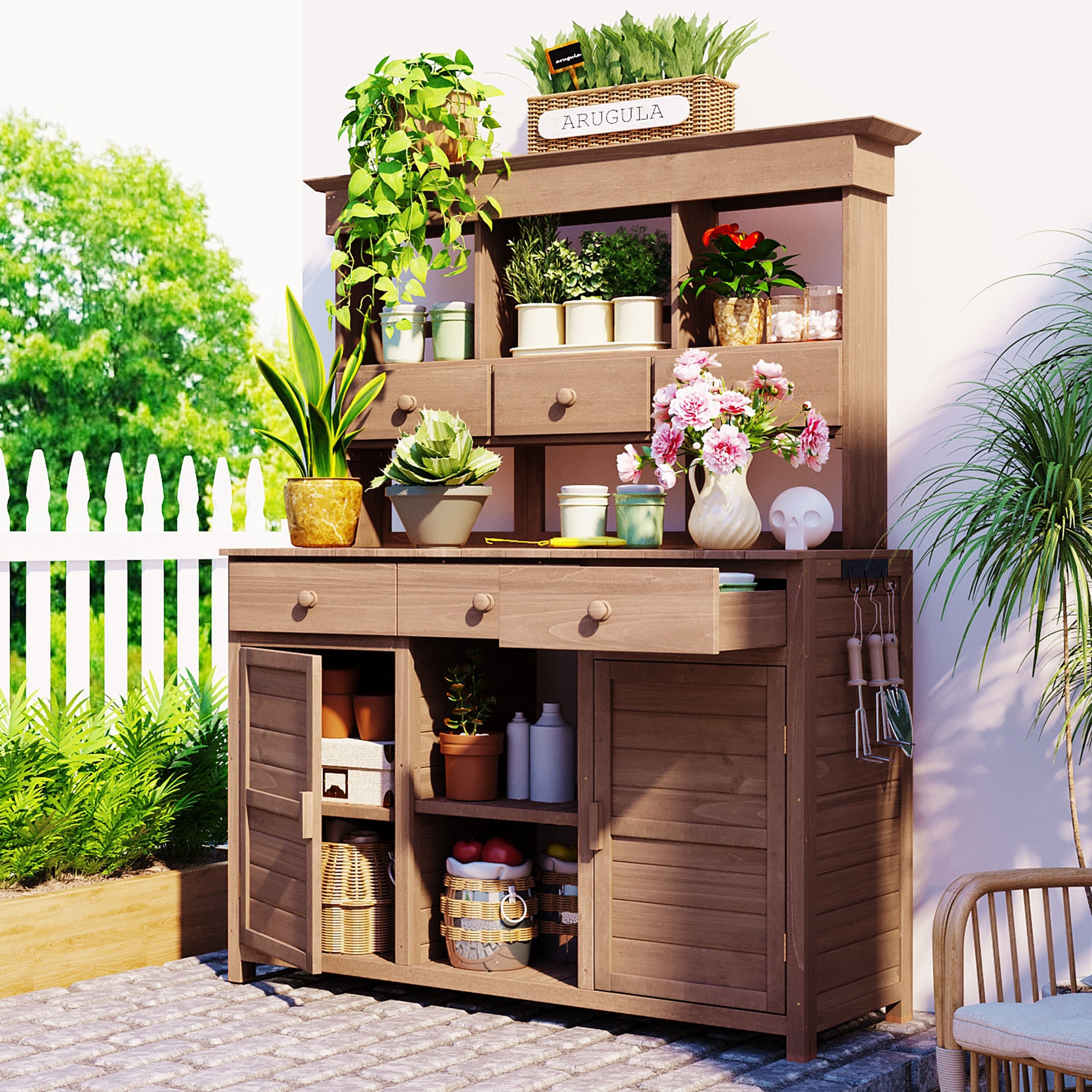 [Assembly Video Provided] TOPMAX 65.7'' H Tall Garden Potting Bench Table with Hutch,Patio Storage Workstation with 3 Shelves,6 Drawers,2 Bottom Cabinets&Side Hooks for Mudroom,Doorway, Brown image 1