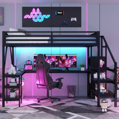 Metal Queen Loft Bed with Wardrobe and LED Light, Queen Size Loft Bed with L Shaped Desk and USB for Kids Teens Adults, Black(Old SKU W2593S00043,Expect Arrival Date 2026/3/7) image 5