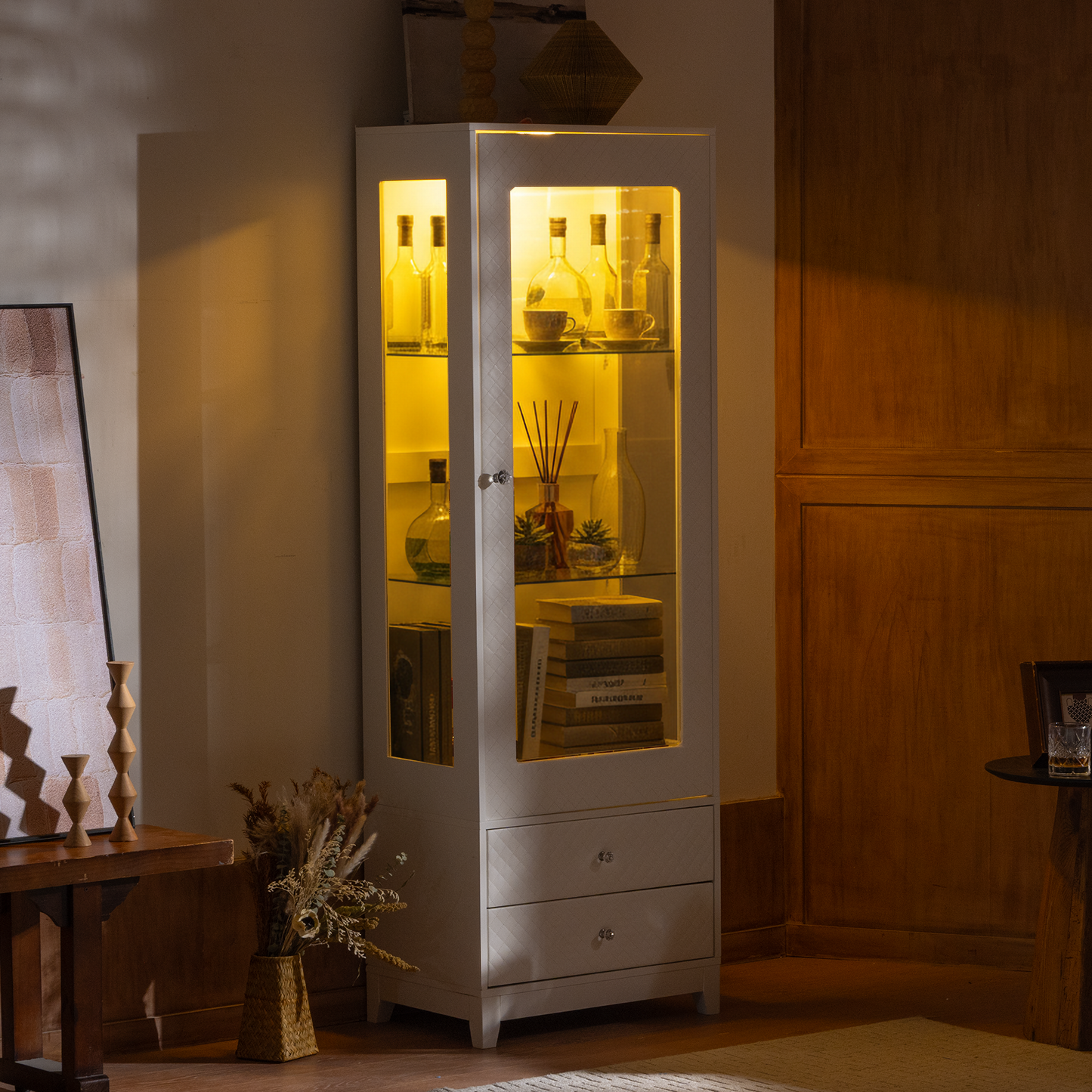 71'' Freestanding Upholstered Display Cabinet, Upholstered Glass Door Cabinet with Ceiling Light,Wine Cabinet with Adjustable Shelves, for Livingroom, Kitchen, Bar & Dining Room - White image 9