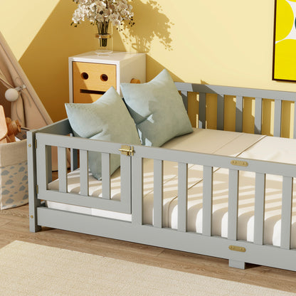 Full Size Floor Bed with Fence and Door,Rubber Wood Floor Bed with Safety Guardrails,Grey image 7
