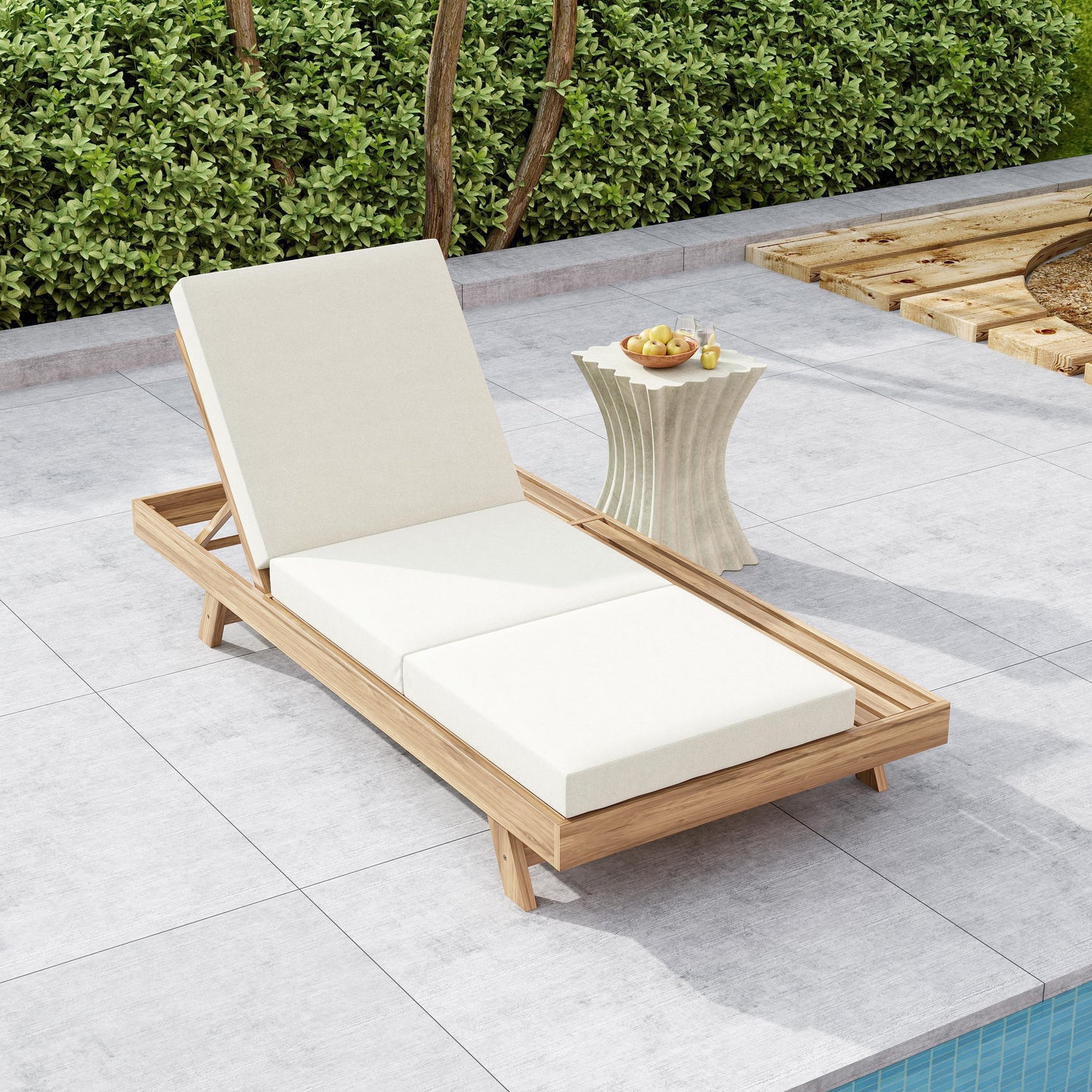 Lounge Chaise Set, Space Available On One Side, Acacia Solid Wood In light brown With Lounge Cushion (Cream & Triple Fold) – Matching Dark Grey Version Available image 4