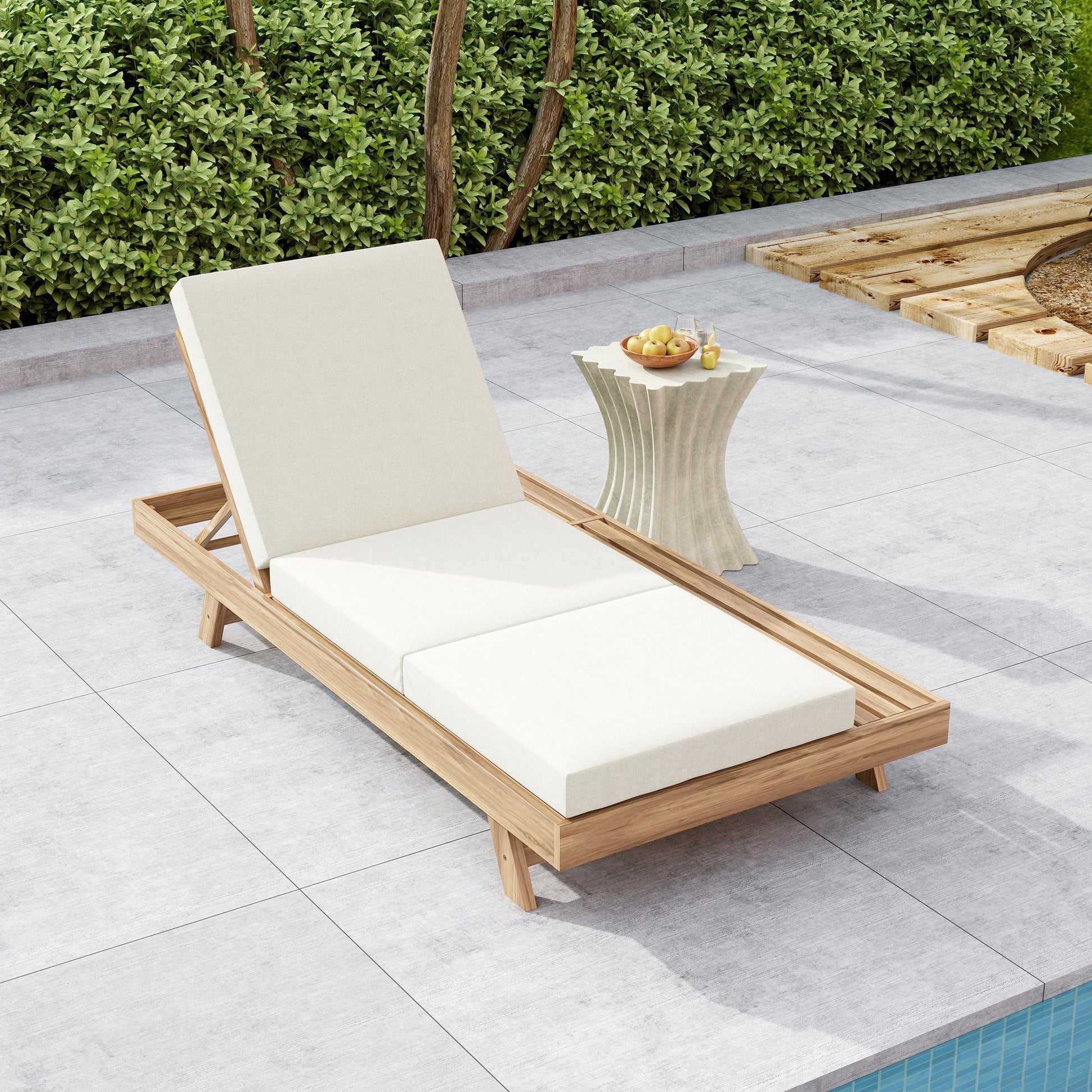 Lounge Chaise Set, Space Available On One Side, Acacia Solid Wood In light brown With Lounge Cushion (Cream & Triple Fold) – Matching Dark Grey Version Available image 4