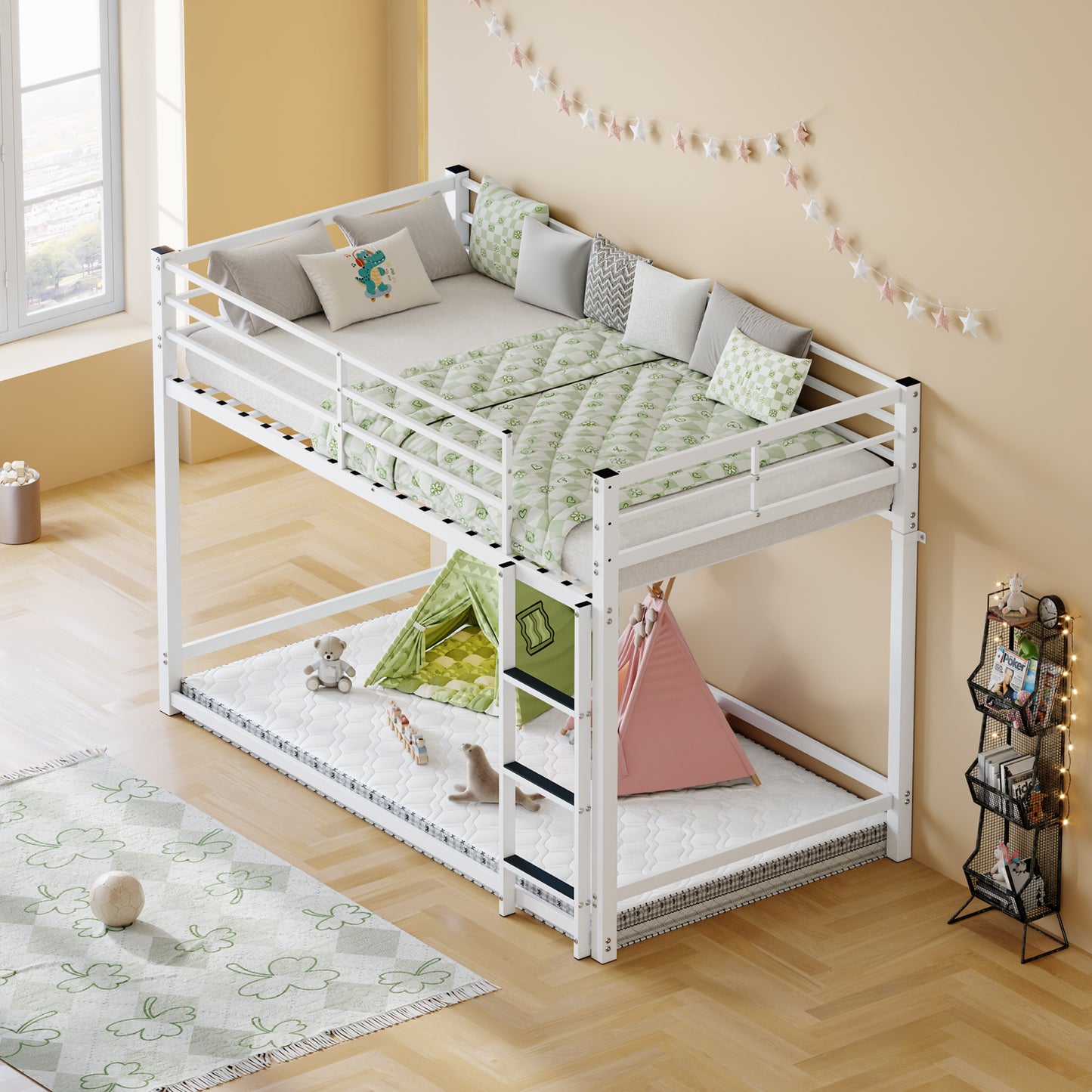 Bunk Bed with Ladder and high Guardrail Metal Bunk Bed, Storage Space, Noise Free,Twin Over Twin Size,WHITE image 10