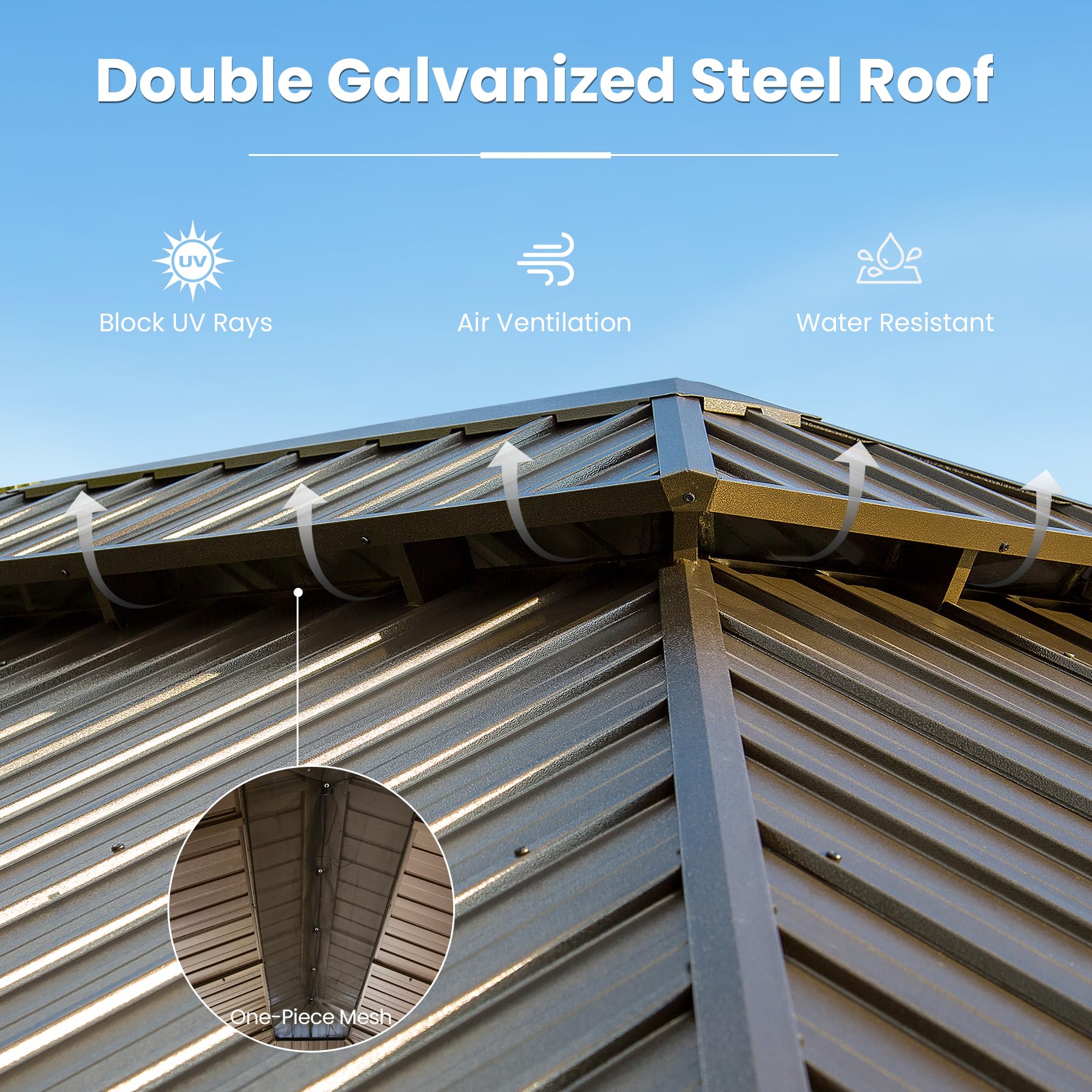 14' X 22' Hardtop Gazebo, Upgraded Metal Gazebo with Drainage System, Dual-Layer Galvanized Steel Roof, Curtain and Netting, Outdoor Shelter Canopy for Patio, Garden, and Backyard, Brown image 6
