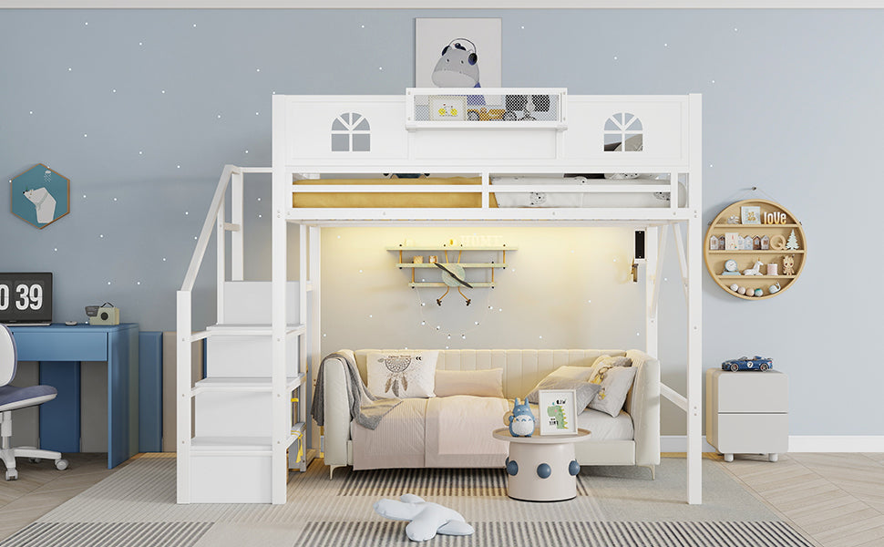 Full Size Loft Bed with Stairs, Metal Full Loft Bed with High and House Shaped Guardrails, High Loft Bed with Wardrobe for Kids Teens, White (Old SKU W2593S00037 Expect Arrival Datee2026/3/17) image 5