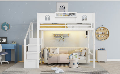 Full Size Loft Bed with Stairs, Metal Full Loft Bed with High and House Shaped Guardrails, High Loft Bed with Wardrobe for Kids Teens, White (Old SKU W2593S00037 Expect Arrival Datee2026/3/17) image 5