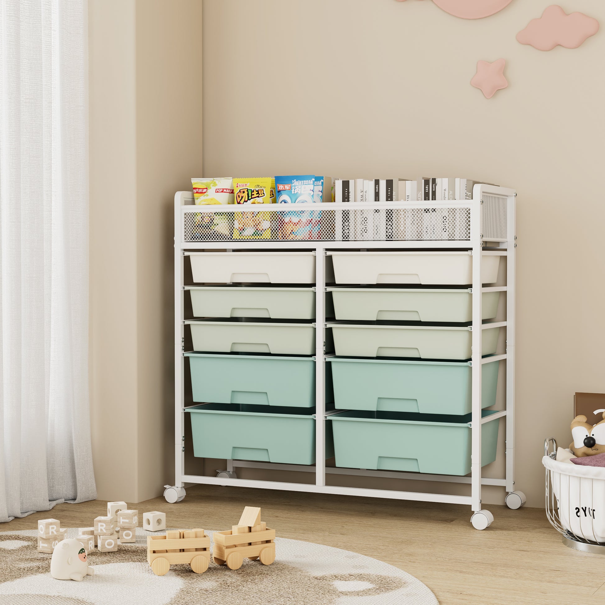 White Large Capacity 2-Row 10-Drawer Rolling Storage Cart, Metal Mesh Top Utility Organizer with Wheels, Multi-Layer Plastic Drawers for Kitchen, Bathroom, Bedroom, Office image 3