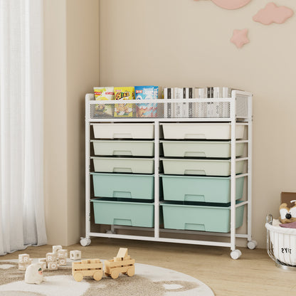 White Large Capacity 2-Row 10-Drawer Rolling Storage Cart, Metal Mesh Top Utility Organizer with Wheels, Multi-Layer Plastic Drawers for Kitchen, Bathroom, Bedroom, Office image 3
