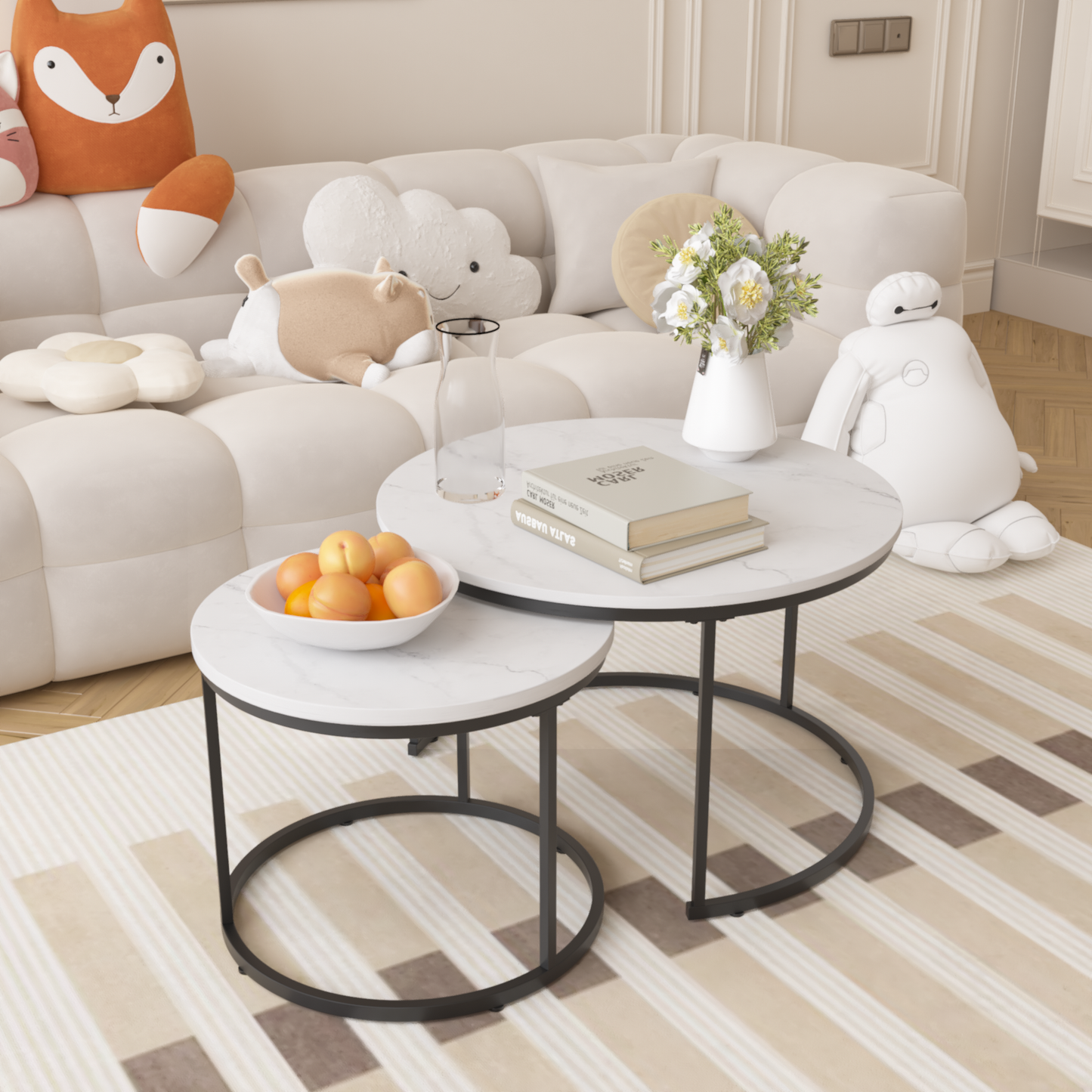 27.6" Nesting Coffee Table Set of 2, Round Coffee Table Wood Marble Pattern Top with Sturdy Metal Frame, End Table Side Tables for Living Room Bedroom Balcony Yard (White) image 7