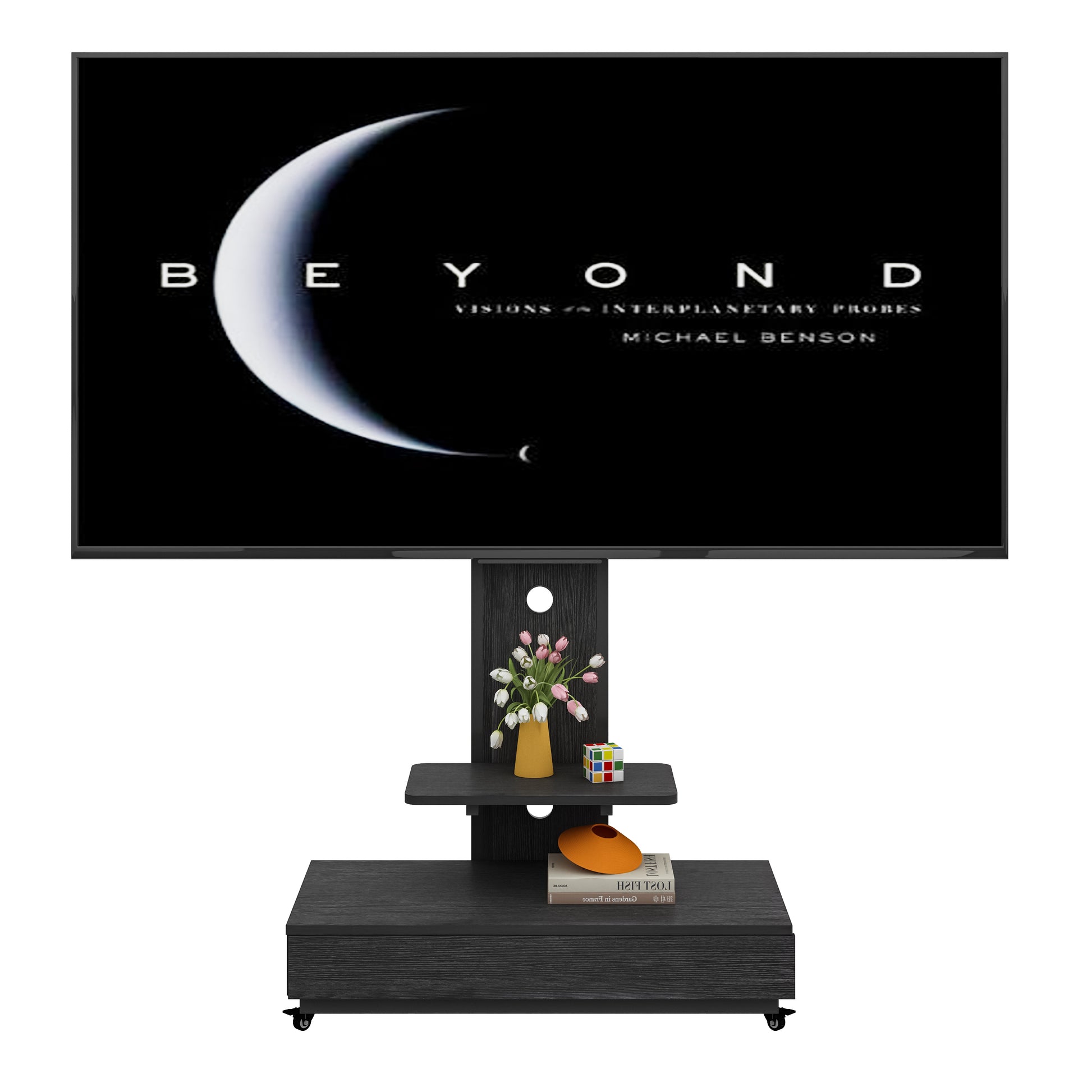 TV stand with push-pull drawer for Living Room, Bedroom,Offices,Mobile TV Cart for 32-75 inches,Floor Stand with Mount on Lockable Wheels,Black image 7