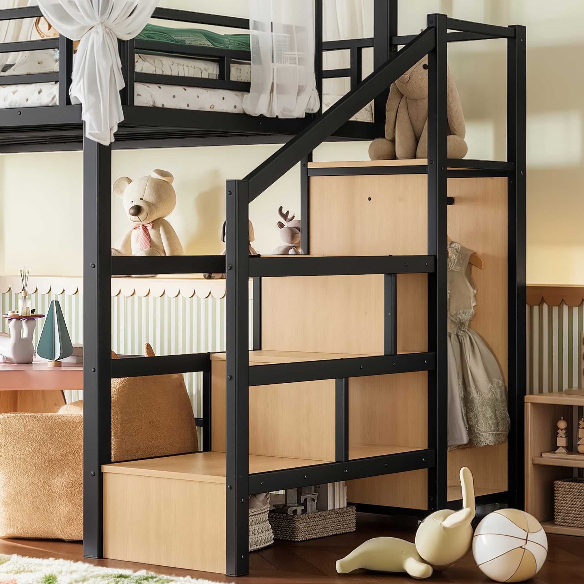 Full Loft Bed with Storage Stairs and Wardrobe, Metal Loft Bed with Canopy Frame, Ample Underbed Spaces Design, Black image 6