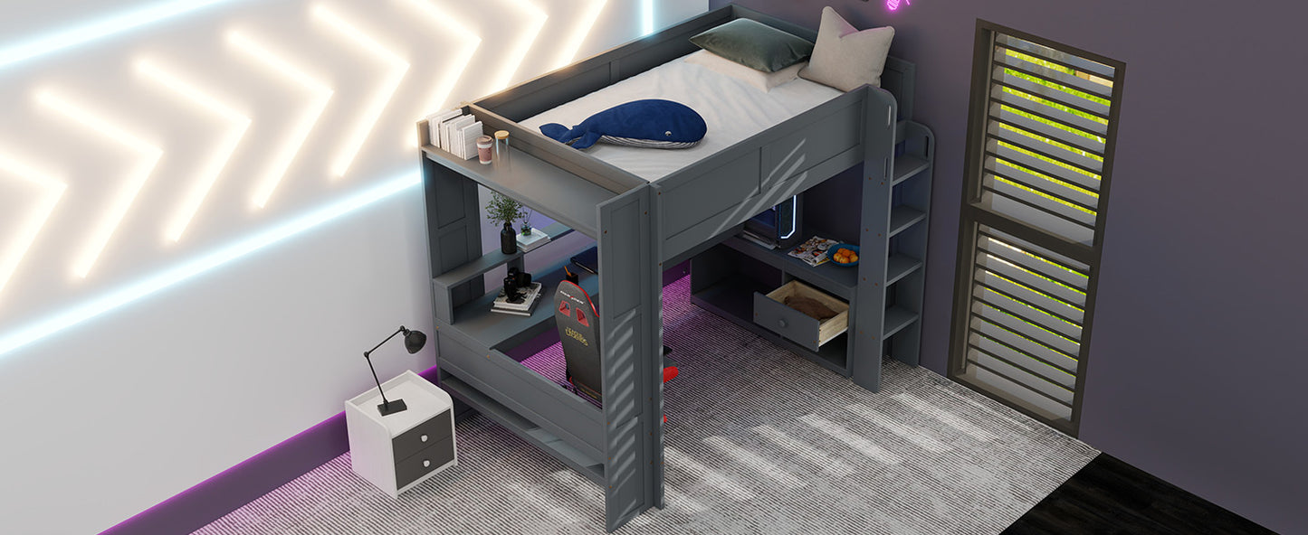 Wood Full Size Gaming Loft Bed with Desk, Multi-storage Shelves, LED and Charging Station, Dark Gray(Old SKU:SM000374AAE) image 11