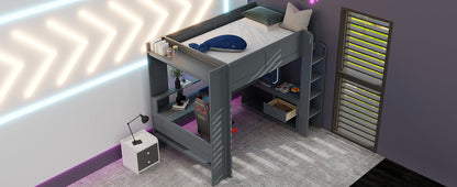 Wood Full Size Gaming Loft Bed with Desk, Multi-storage Shelves, LED and Charging Station, Dark Gray(Old SKU:SM000374AAE) image 11