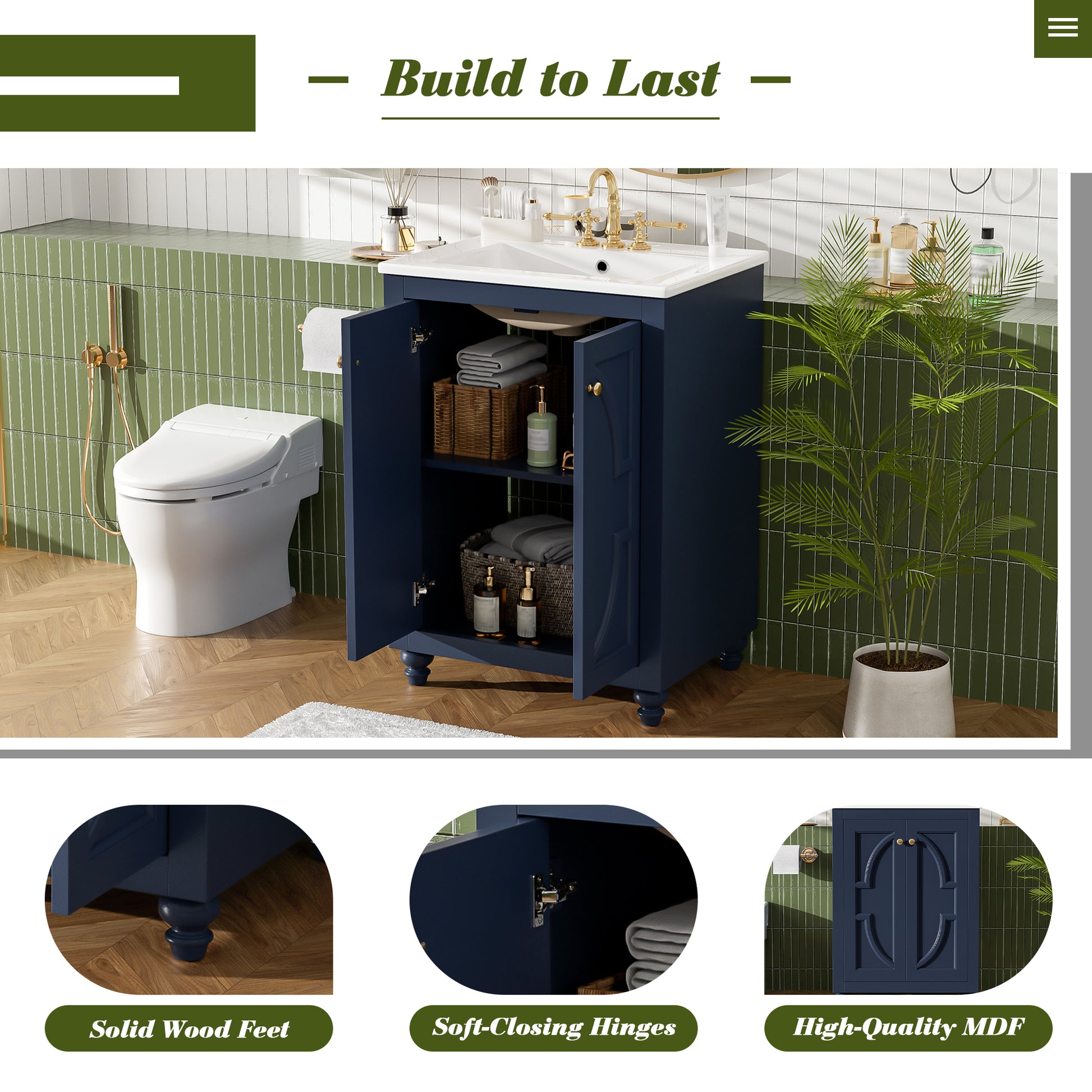24" Modern Bathroom Vanity with Ornate Elliptical Motif Design & Soft-Close Hinges, Bathroom Cabinet with Back Open Structure, Ball-Turned Legs with French Elegance image 6